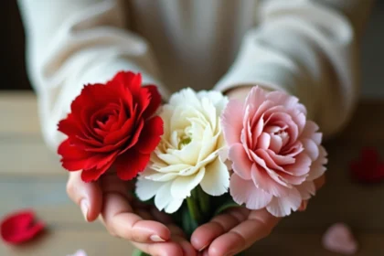 Bouquet d'œillets rouges, blancs et roses tenus dans les mains d'une femme, symbolisant le langage des fleurs
