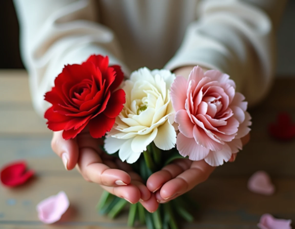 Bouquet d'œillets rouges, blancs et roses tenus dans les mains d'une femme, symbolisant le langage des fleurs