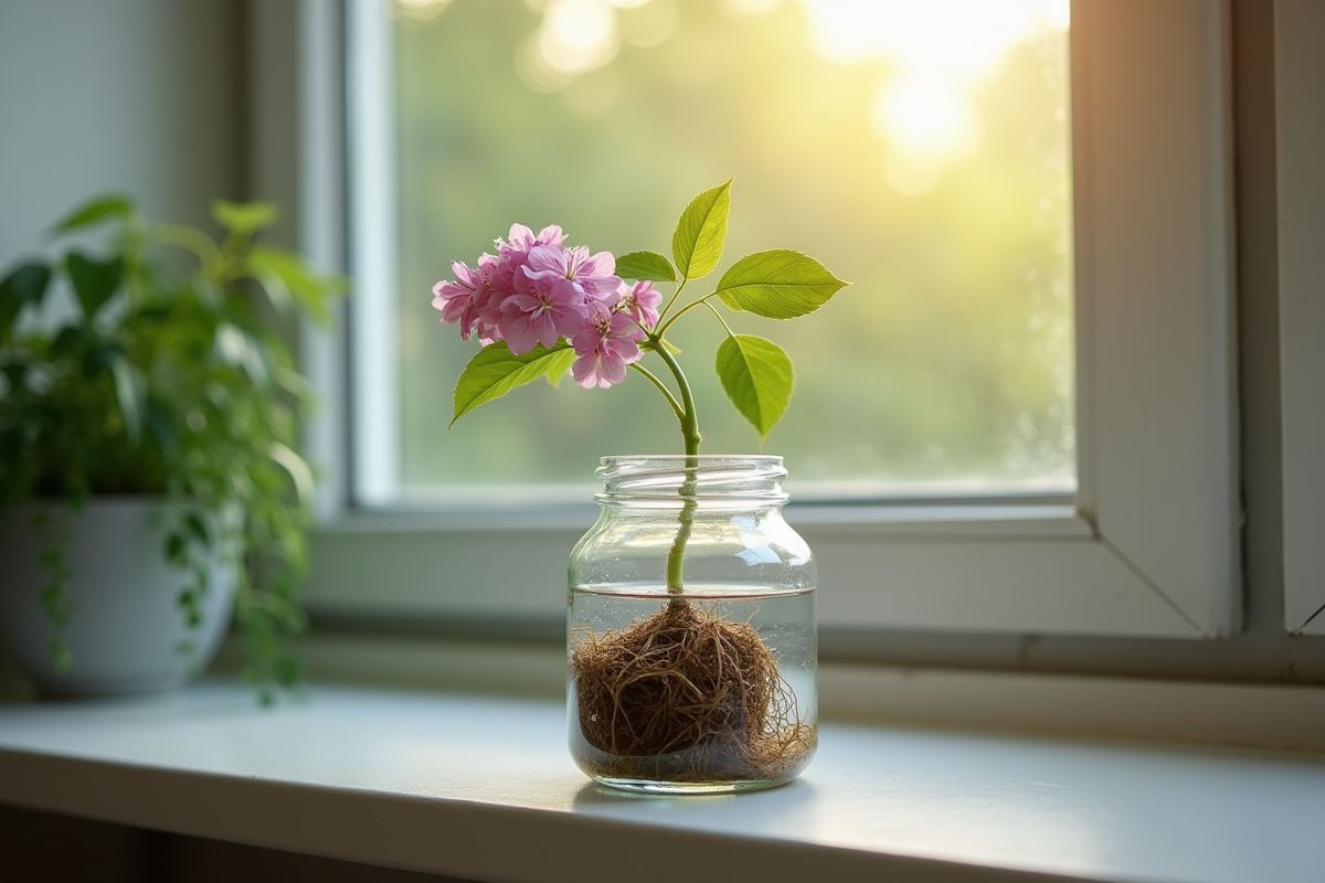 Racines de lilas en développement dans un vase sur une fenêtre