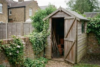Local technique en bois compact installé dans un petit jardin urbain avec allée de gravier et outils de jardinage rangés