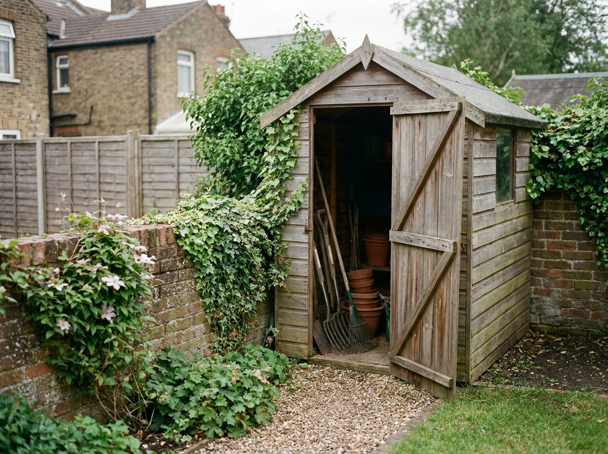 Local technique en bois compact installé dans un petit jardin urbain avec allée de gravier et outils de jardinage rangés