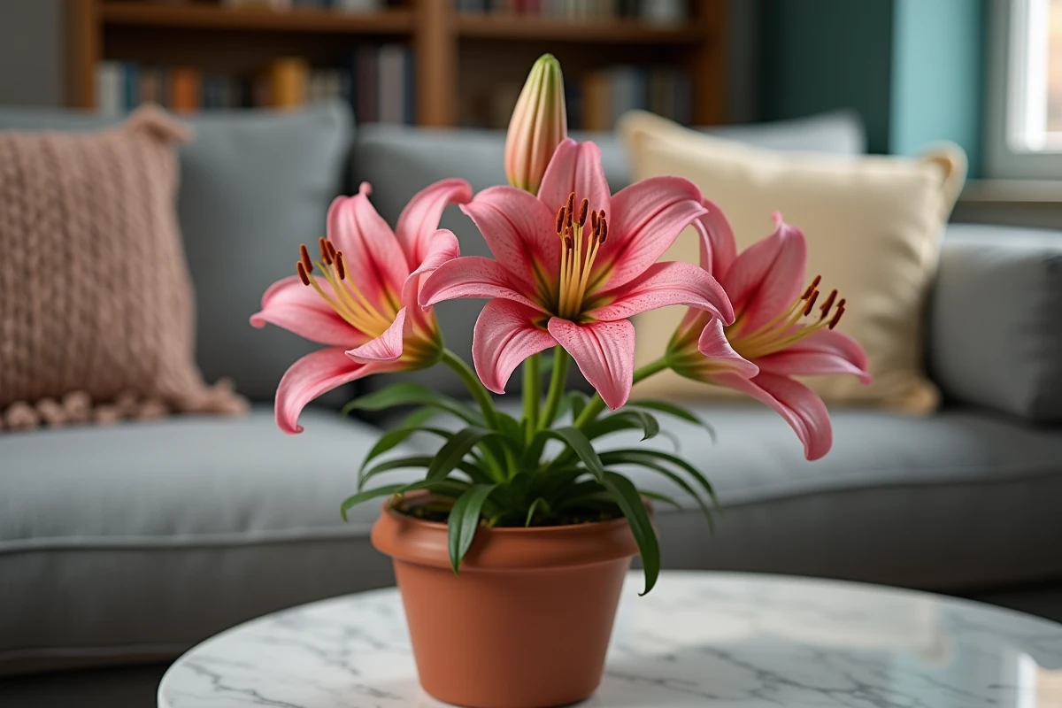 Lys oriental rose en gros plan dans un pot en terre cuite sur une table en marbre dans un salon