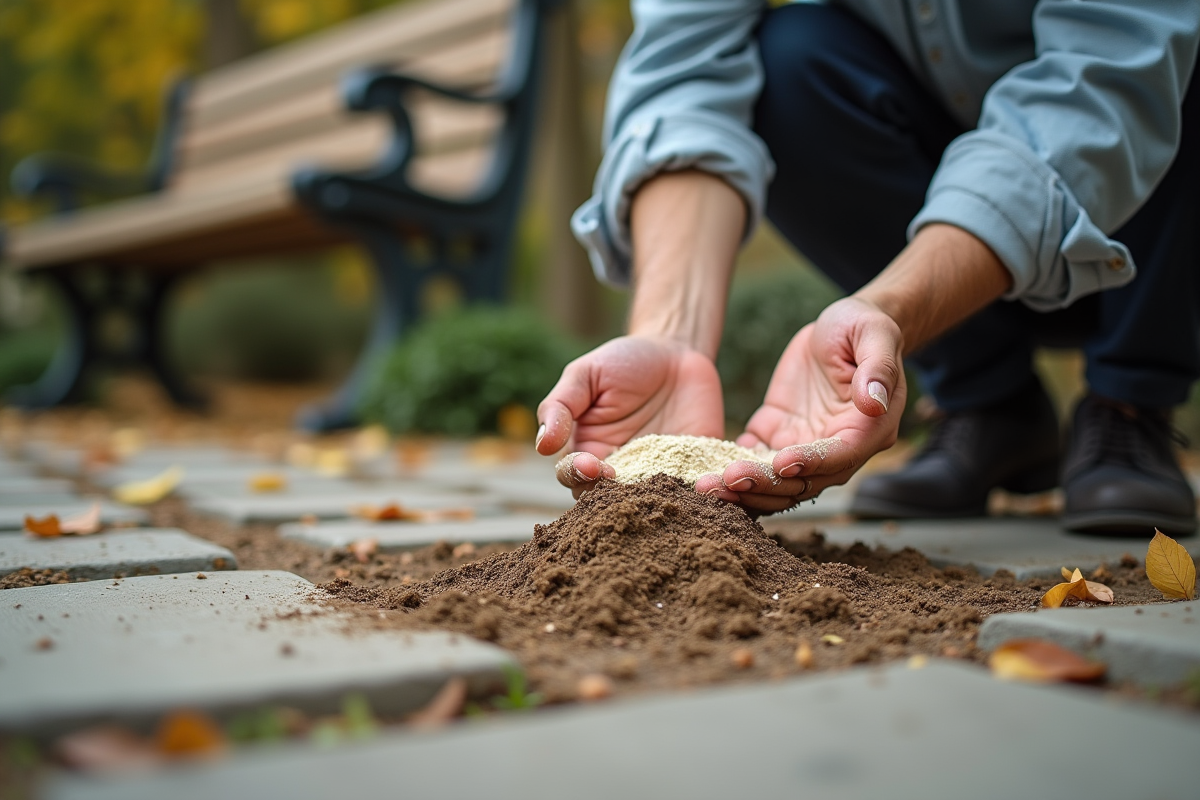 Mains saupoudrant de la poudre anti-fourmis sur une fourmiliere
