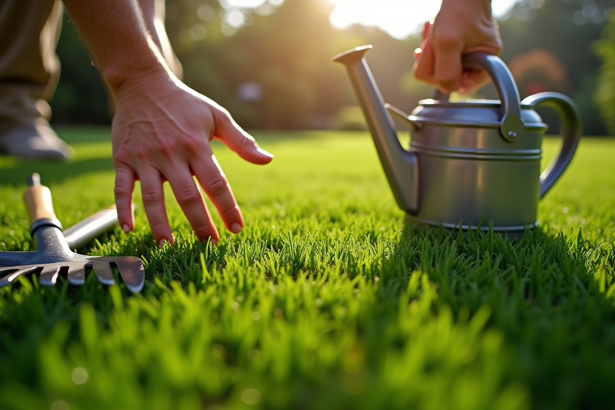 Mains touchant herbe synthétique avec outils de jardinage