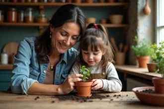 Mère et fille plantant des graines dans la cuisine chaleureuse