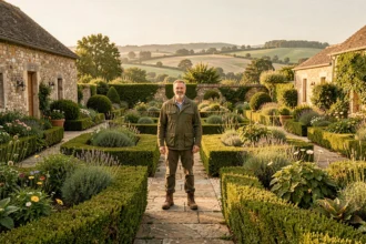 Paysagiste professionnel dans un jardin à la française typique de la Dordogne, avec haies taillées, allées en pierre et collines du Périgord en arrière-plan