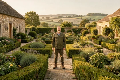Paysagiste professionnel dans un jardin à la française typique de la Dordogne, avec haies taillées, allées en pierre et collines du Périgord en arrière-plan