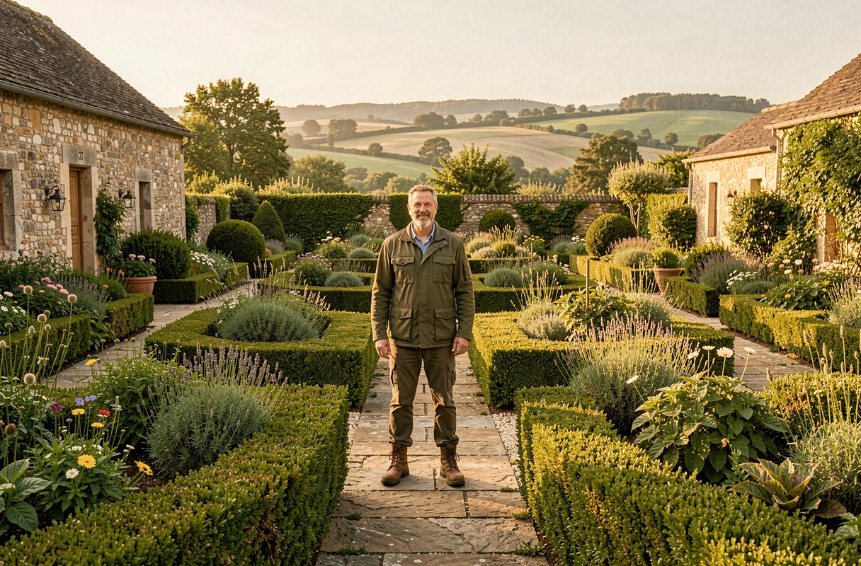 Paysagiste professionnel dans un jardin à la française typique de la Dordogne, avec haies taillées, allées en pierre et collines du Périgord en arrière-plan