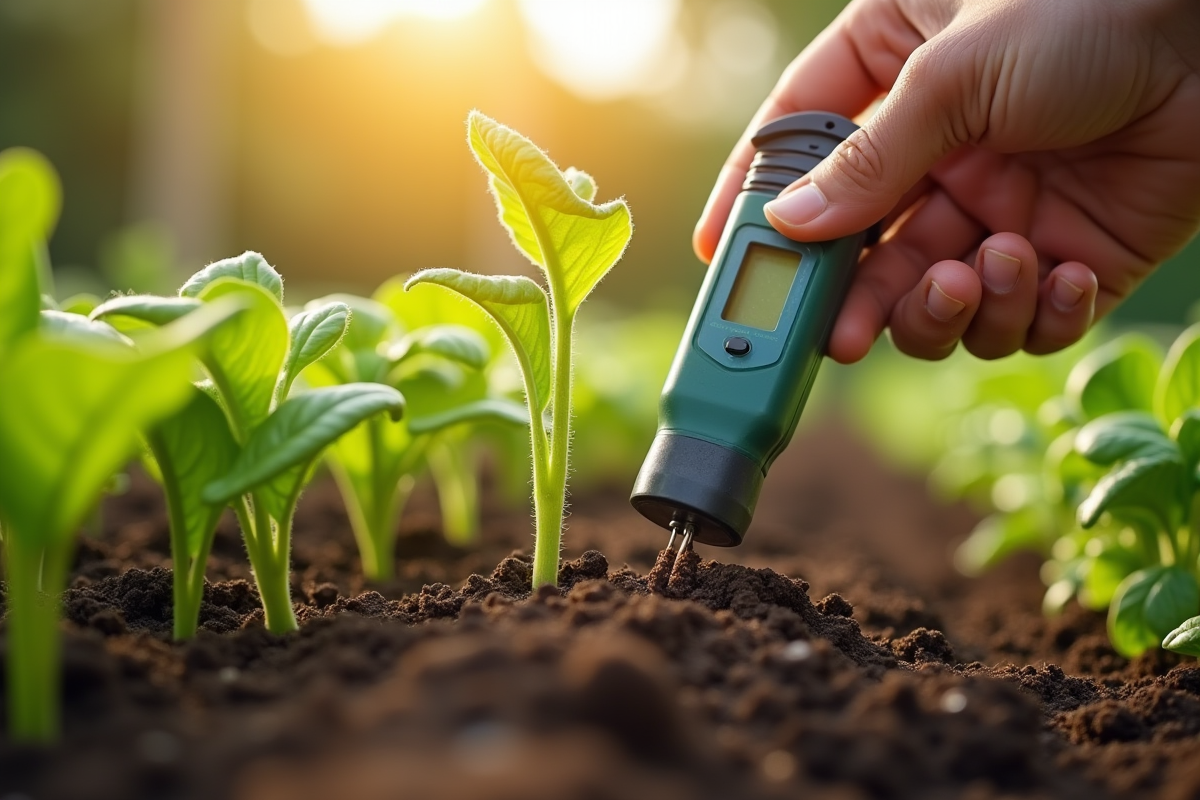 Personne utilisant un humidimètre dans un jardin potager au matin