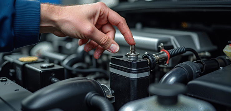 Mécanicien pointant la bobine d'allumage dans le compartiment moteur
