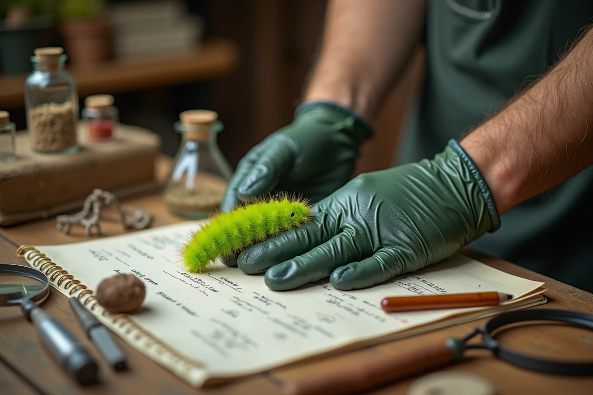 Mains gantées d'un naturaliste tenant une chenille verte fluo lors d'une inspection scientifique dans un atelier botanique