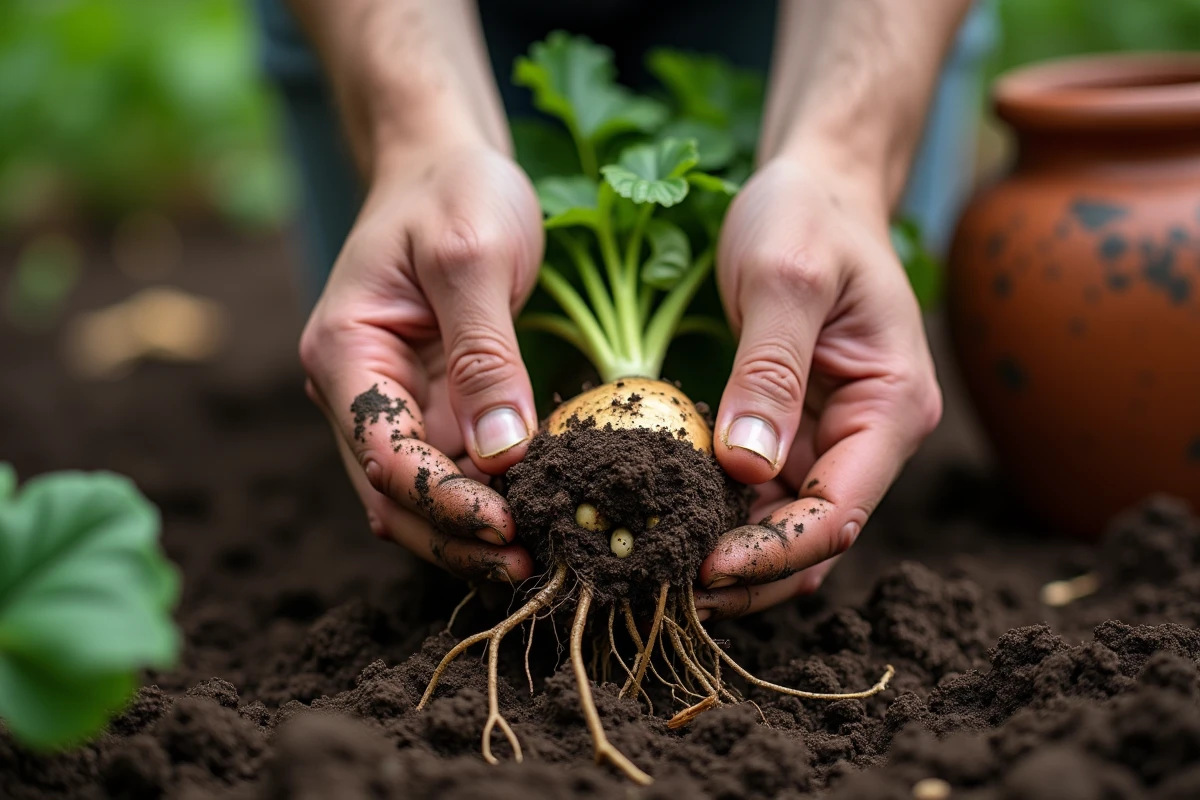 Gros plan sur les nodosités racinaires d'un plant de haricot vert révélant leur rôle dans l'enrichissement de l'azote du sol