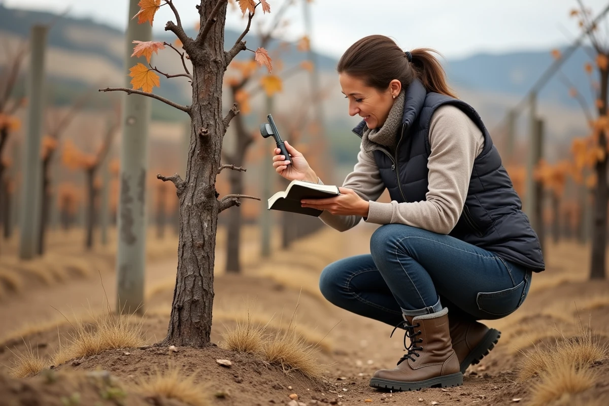Œnologue examinant une vigne en hiver dans un vignoble sec, prise de notes sur l'adaptation de la taille après sécheresse