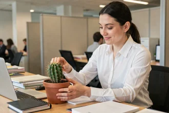 Femme en bureau offrant un cactus en pot à son poste de travail, symbole de cadeau professionnel entre collègues
