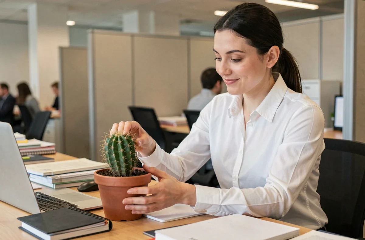 Femme en bureau offrant un cactus en pot à son poste de travail, symbole de cadeau professionnel entre collègues