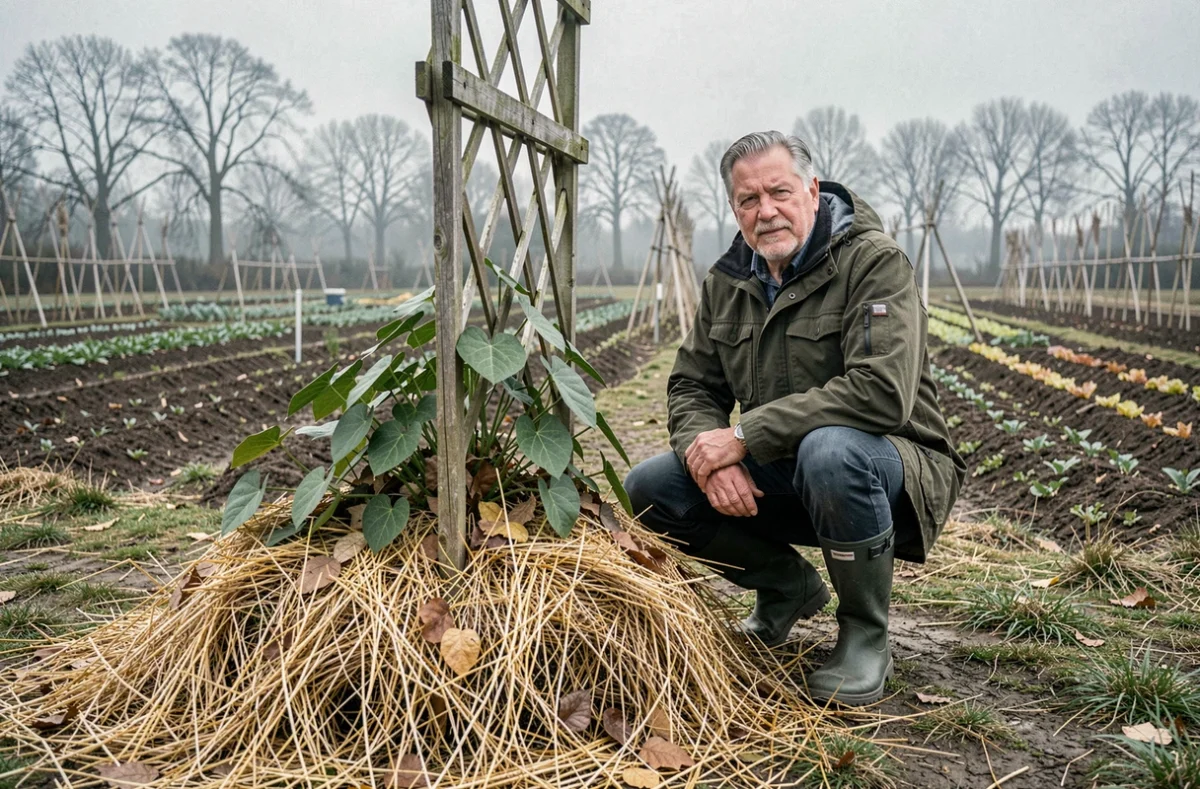 Jardinier appliquant un paillis de paille épais autour d'un pied de christophine pour le protéger du gel en jardin rural