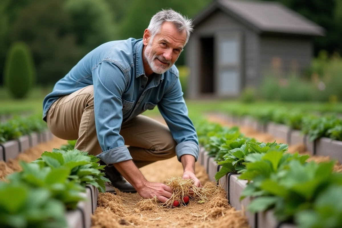 Jardinier ajoutant du paillis de paille autour des plants de fraisiers pour améliorer la production de fruits