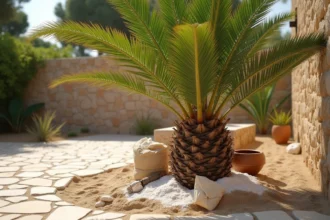 Palmier en pleine terre calcaire dans un jardin méditerranéen avec engrais spécialisé posé au sol
