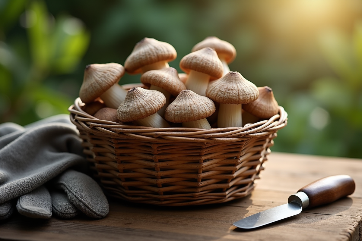 Panier rustique rempli de chanterelles fraîches sur une table en bois