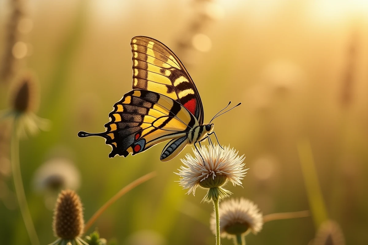 Papillon machaon aux ailes jaunes et noires posé sur une plante de fenouil sauvage dans une prairie ensoleillée