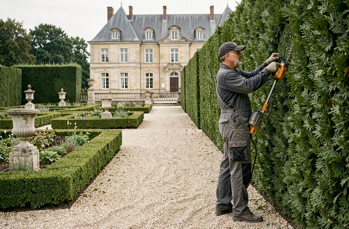Spécialiste de Paysagiste Bonneau taillant une haie d'if dans un jardin formel élégant à Niort