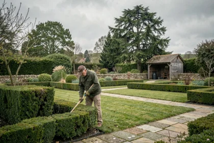 Paysagiste professionnel travaillant dans un jardin normand typique de Seine-Maritime avec haies, pelouses et murs en silex