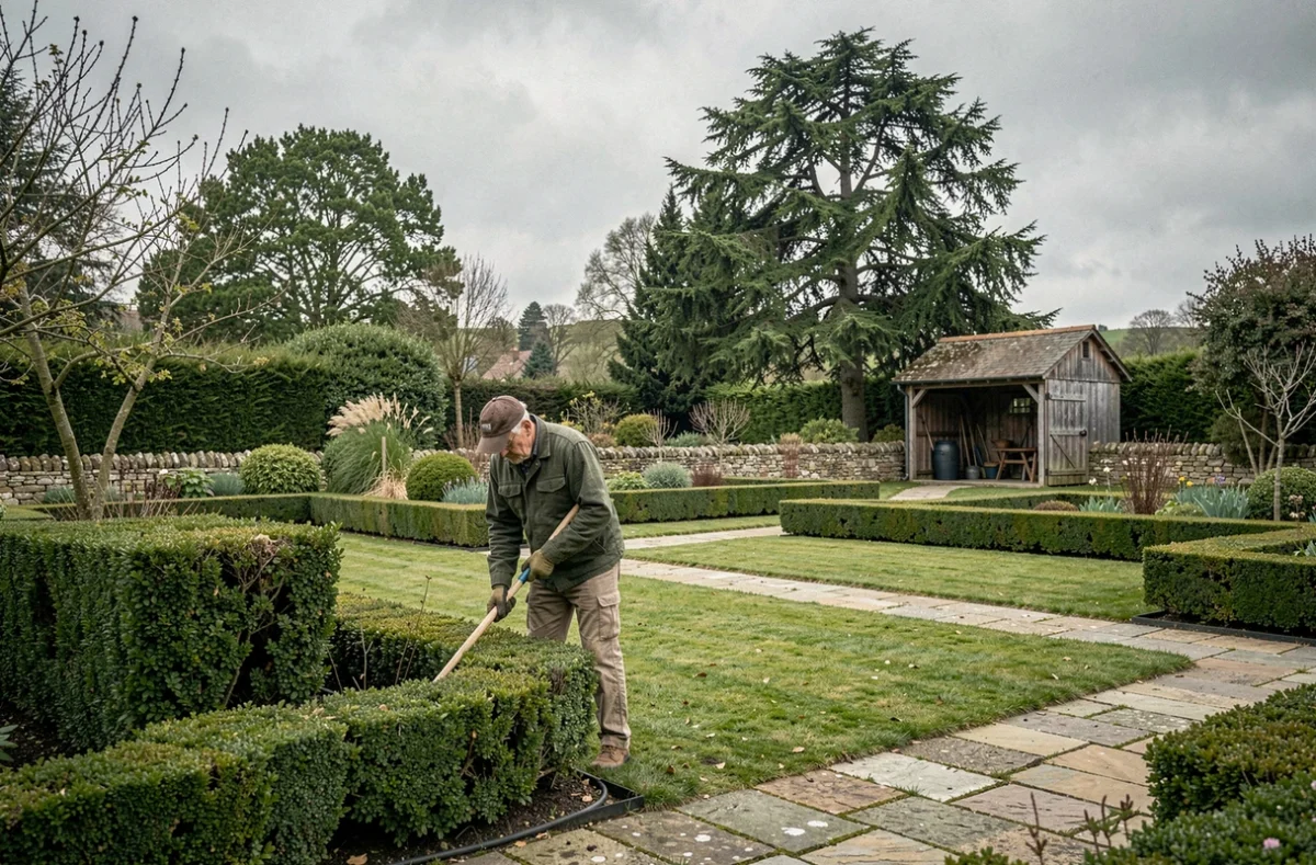 Paysagiste professionnel travaillant dans un jardin normand typique de Seine-Maritime avec haies, pelouses et murs en silex
