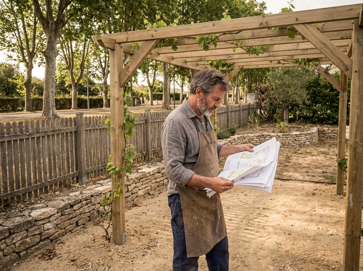 Homme debout sous une pergola en bois avec vignes dans un jardin de banlieue bordelaise aménagé en gravier