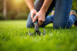 Personne utilisant un outil à main pour arracher des mauvaises herbes sur la pelouse