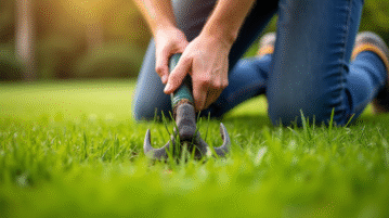 Personne utilisant un outil à main pour arracher des mauvaises herbes sur la pelouse