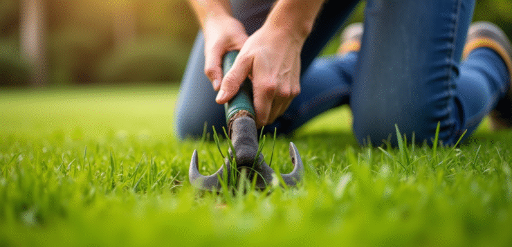 Personne utilisant un outil à main pour arracher des mauvaises herbes sur la pelouse