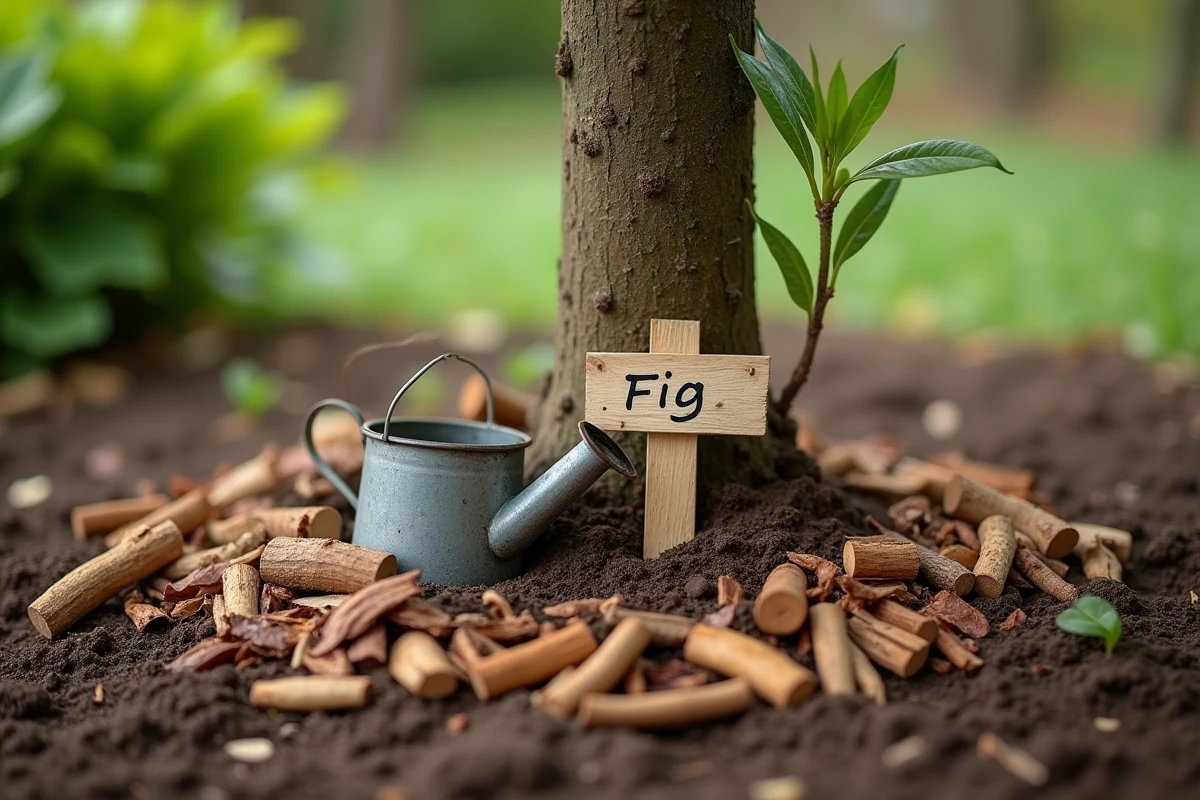 Pied de figuier planté en terre avec un paillis de copeaux de bois et un arrosoir au jardin