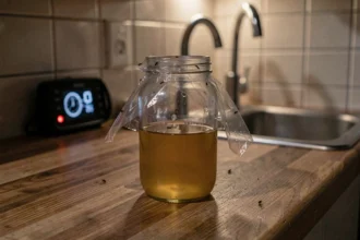 Piège à moucherons fait maison avec bocal en verre et vinaigre de cidre posé sur un plan de travail de cuisine la nuit