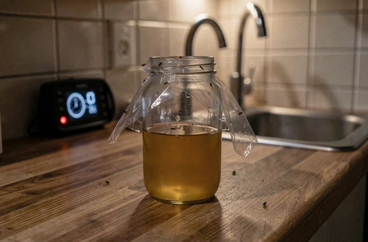 Piège à moucherons fait maison avec bocal en verre et vinaigre de cidre posé sur un plan de travail de cuisine la nuit