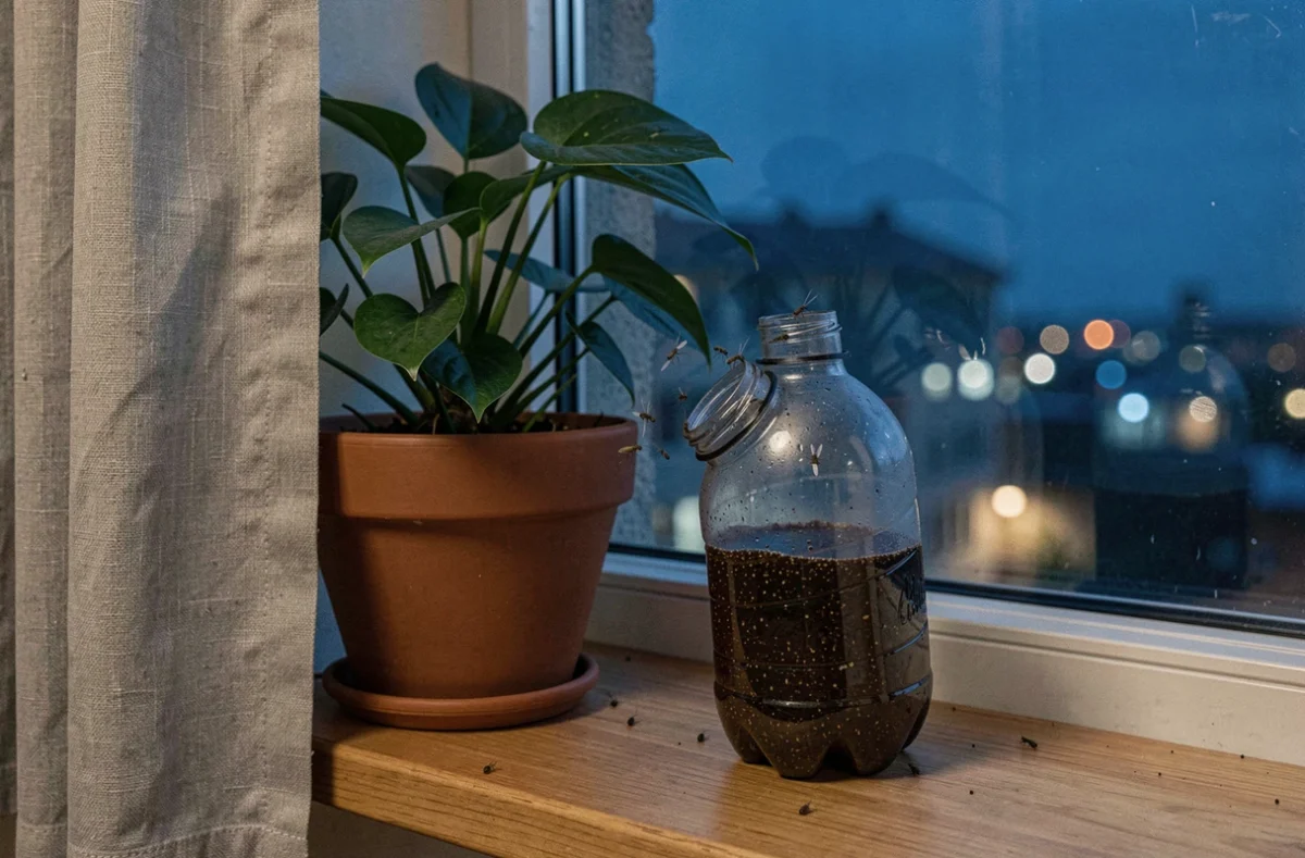 Piège à moucherons DIY en bouteille plastique retournée posé près d'une plante verte sur un rebord de fenêtre la nuit