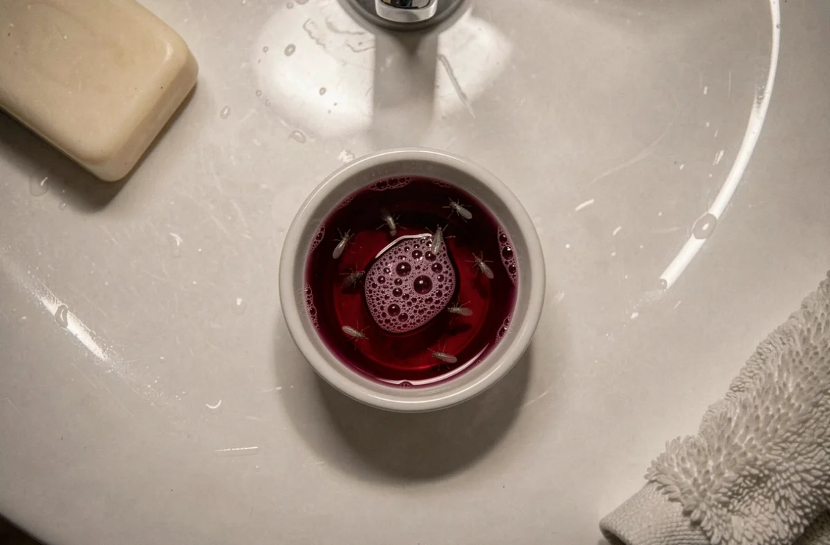 Vue de dessus d'un piège à moucherons avec vinaigre de vin rouge dans un bol peu profond posé sur une vasque de salle de bain la nuit