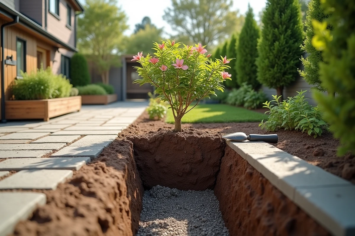 Coupe transversale d'une tranchée de jardin montrant un conteneur coupe-racines pour laurier rose intégré dans un plan d'aménagement paysager