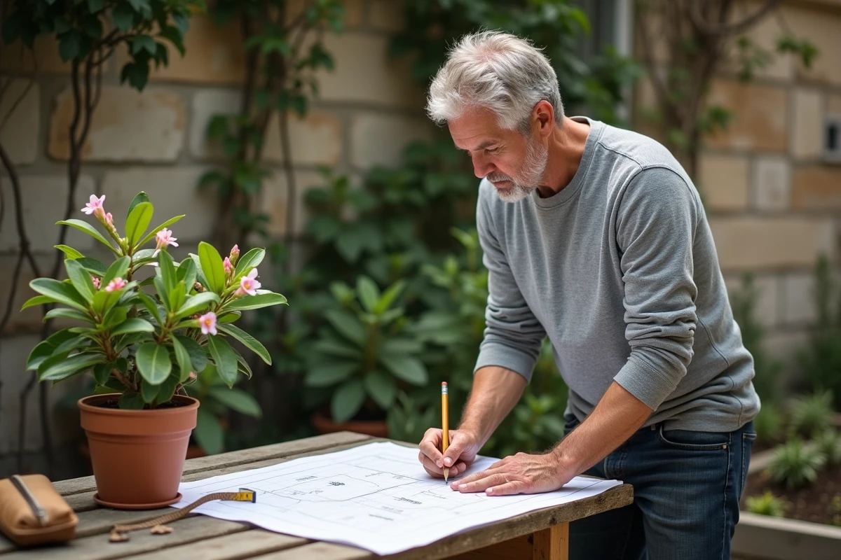 Jardinier planifiant l'intégration d'un laurier rose dans un plan de jardin 2026 avec croquis sur papier millimétré et jeune plant en pot
