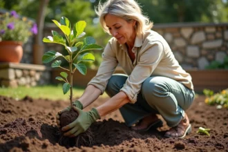 Femme plantant un jeune figuier en pleine terre dans un jardin méditerranéen au printemps
