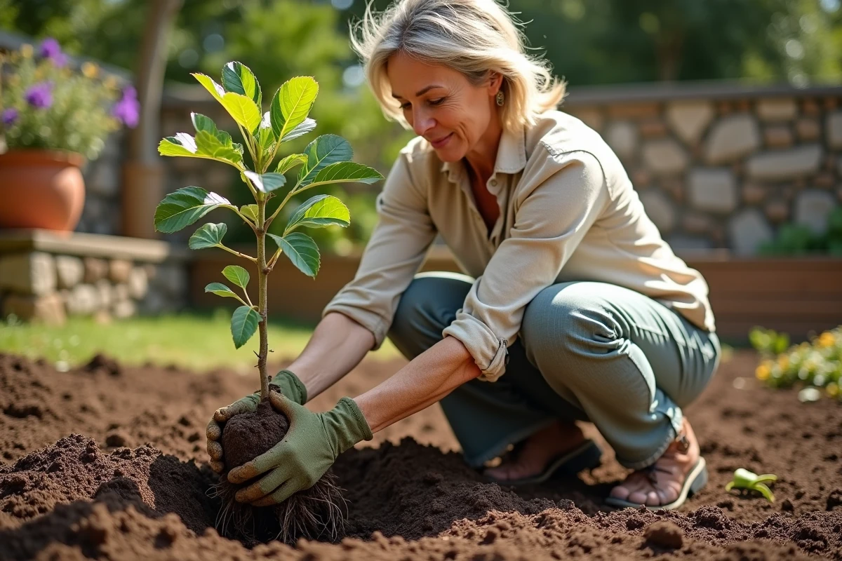 Femme plantant un jeune figuier en pleine terre dans un jardin méditerranéen au printemps
