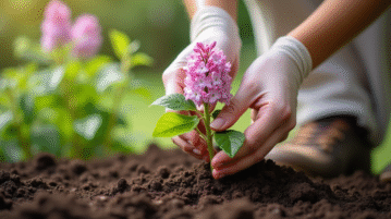 Mains de jardinier plantant un lilas dans la terre en extérieur