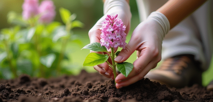 Mains de jardinier plantant un lilas dans la terre en extérieur