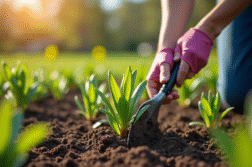 Jardinier plantant des photinias jeunes dans un jardin ensoleille