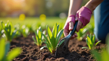 Jardinier plantant des photinias jeunes dans un jardin ensoleille