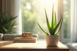 Plante aloe vera sur un bureau moderne dans un salon lumineux