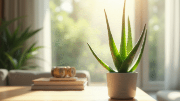 Plante aloe vera sur un bureau moderne dans un salon lumineux