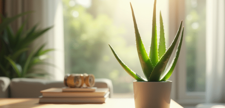 Plante aloe vera sur un bureau moderne dans un salon lumineux