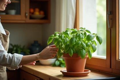 Femme dans une cuisine tenant un pot de basilic en terre cuite pour éloigner les mouches naturellement