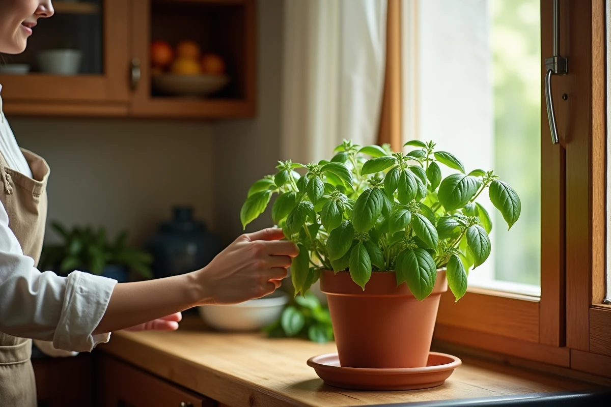 Femme dans une cuisine tenant un pot de basilic en terre cuite pour éloigner les mouches naturellement