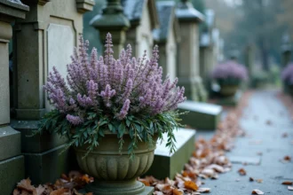 Pot de cimetière hivernal avec bruyère violette, cinéraire argentée et lierre sur fond de pierre granitique givrée